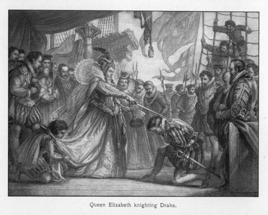 Queen Elizabeth knighting Drake.