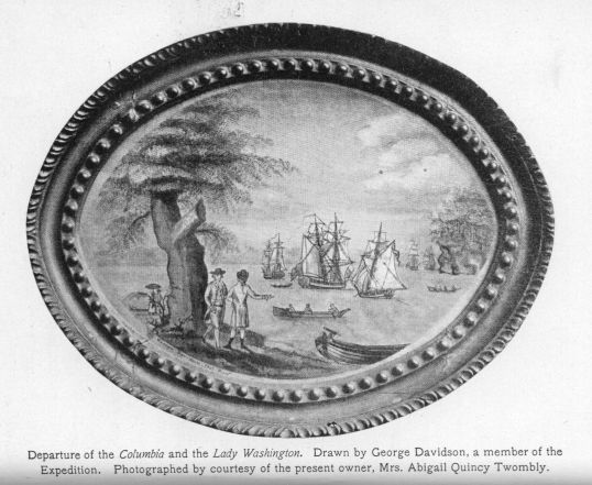Departure of the Columbia and the Lady Washington. Drawn by George Davidson, a member of the Expedition.  Photographed by courtesy of the present owner, Mrs. Abigail Quincy Twombly.