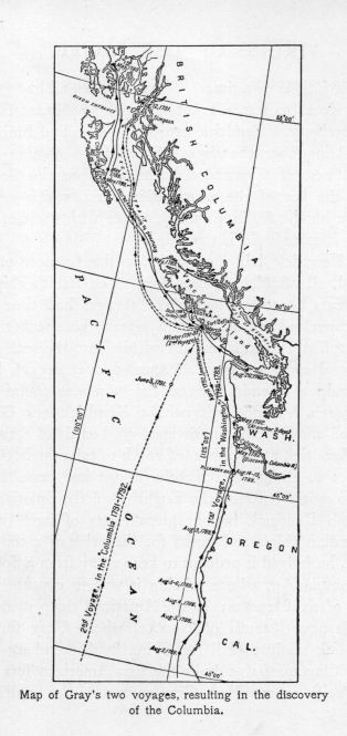 Map of Gray's two voyages, resulting in the discovery of the Columbia.