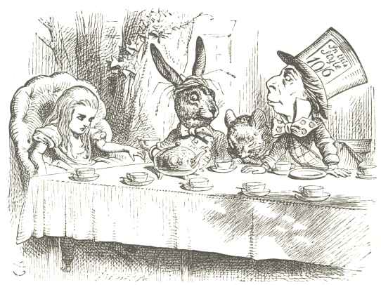 “The Mad Tea-Party.”  From “Alice’s
Adventures in Wonderland,” 1865.  Drawn by John Tenniel;
engraved by Dalziel Brothers