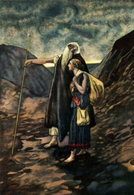 Œdipus, leaning on a staff, is guided by his daughter, who
carries their belongings in a pouch slung over her back.