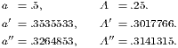 a = .5, A =.25.
a′ = .3535533, A′ =.3017766.
′′ ′′
a = .3264853, A =.3141315.