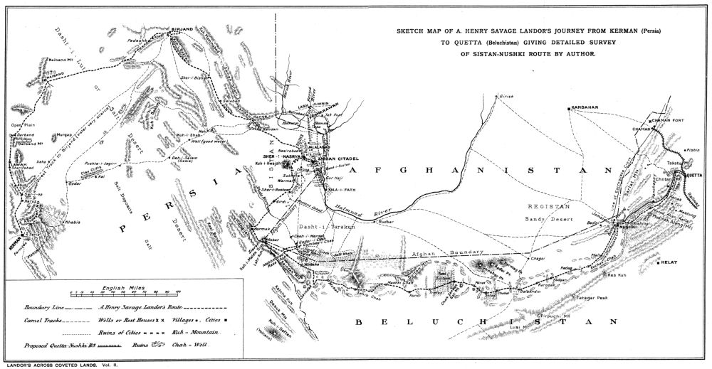 Sketch Map of A. Henry Savage Landor's Journey from Kerman (Persia) to Quetta (Beluchistan) giving detailed survey of Sistan-Nushki Route by Author.