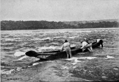 The Canoe being led down a Rapid.