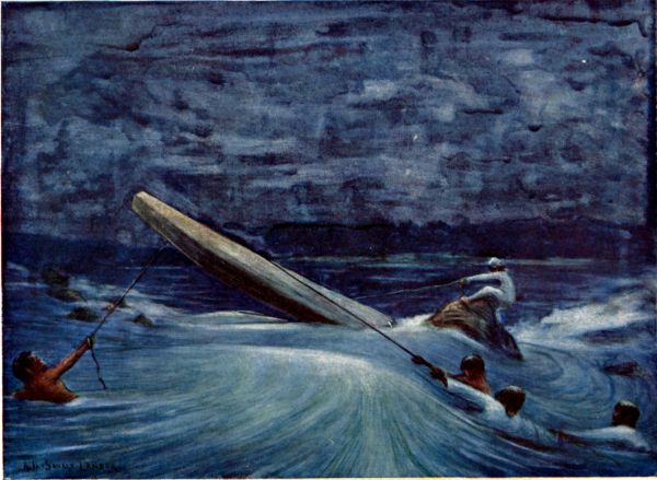 Author and his Men in Water up to their Necks for an Entire Night endeavouring to save their Canoe, which in shooting a Rapid had become stuck between Rocks.