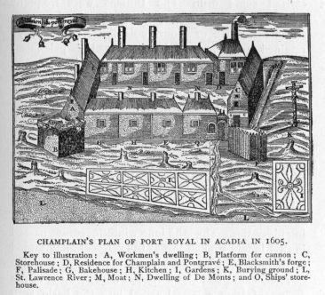 Champlain's plan of Port Royal in Acadia in 1605.  Key to illustration: A, Workmen's dwelling; B, Platform for cannon; C, Storehouse; D, Residence for Champlain and Pontgrav; E, Blacksmith's forge; F, Palisade; G, Bakehouse; H, Kitchen; I, Gardens; K, Burying ground; L, St. Lawrence River; M, Moat; N, Dwelling of De Monts; and O, Ships' storehouse.