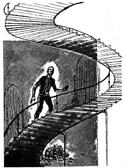 A man ascending a spiral stairway