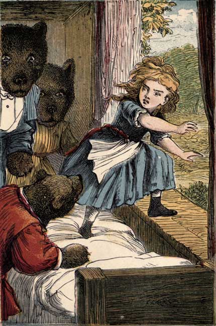 The Bears come home and find Silverlocks on the bed, but
she awakes in time and escapes through the window.