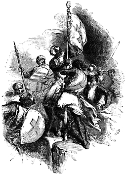 A group of crusaders raise a whit flag with a cross on it.