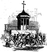 Men fight with sticks in front of a chuch.