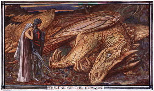 A knight and maiden standing in front of the dead dragon