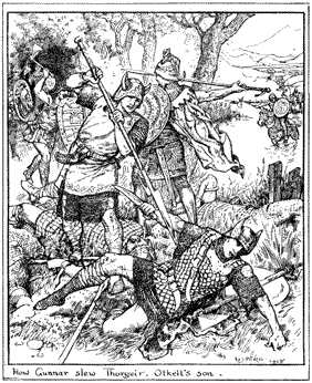 A man about to stab another man on the ground with a spear. Other men fighting in the background