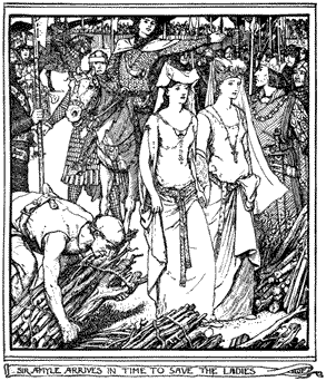 Two women walking into a pile of firewood with a knight on horseback behind them and other people looking on