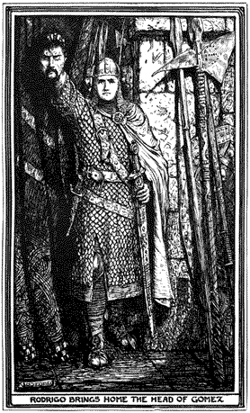 A knight standing with a severed head in his outstretched hand