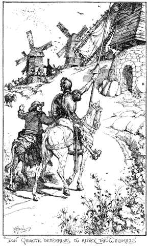 Don Quixote, on his horse and bearing a lance, and Sancho Panza on his donkey, approaching the windmills