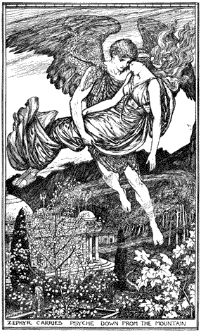 Winged Zephyr flying, carrying Psyche