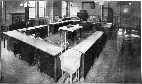 A Household Management class-room, showing tables, sinks, and stoves