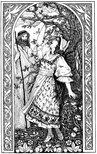 A woman reaches for a bough of an apple tree while a shepherd looks on.