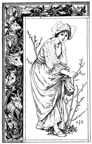 A young woman breaks a branch off of a tree.