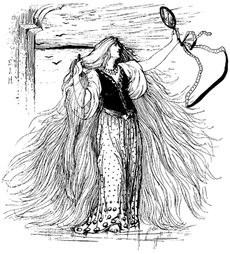 A woman combs her magnificent (reaching to the floor) hair.