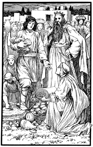 A woman brings a rolled-up cloth to a man laden with other goods, while a king and crowd look on.