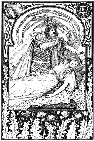 A princely man stands next to a sleeping princess.
