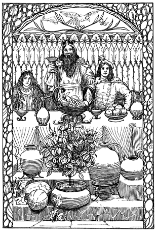 A king gives a toast at a feast, a young man sits to his right, a young woman on the left.
