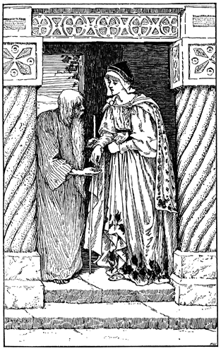 A young woman gives a stooped old man some coins.