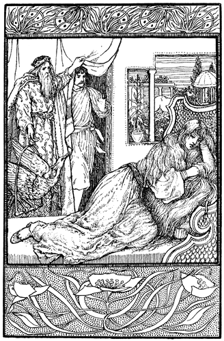 A king leads a young man into a room where a woman lies on the bed looking depressed.