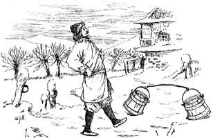 A man walks alongside a pair of buckets attached with a pole.