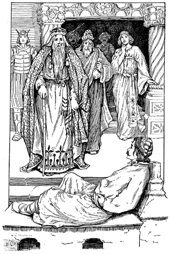A king and courtiers confront a man lying on a divan.