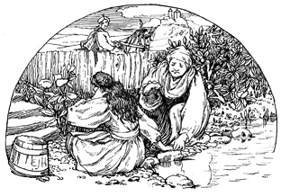An old woman is pounding a young woman's hand between two rocks.