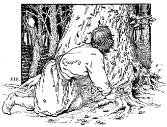 A youth crawls at the foot of a large tree.