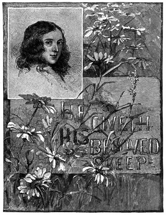Ornately engraved flowers, with an inset portrait of Mrs Browning.