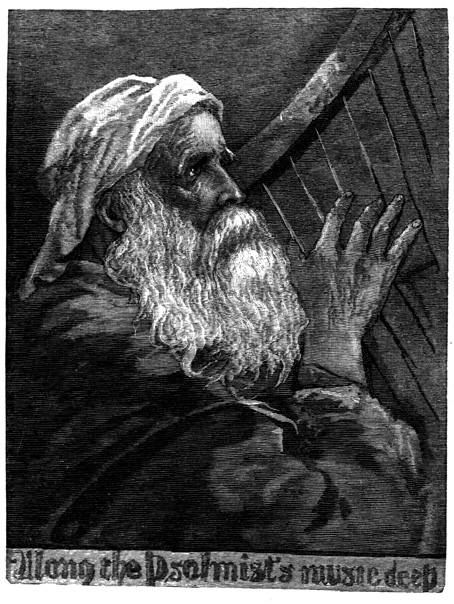 An old man plays a harp.