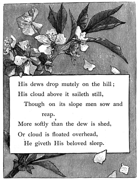 Fifth stanza, surrounded by apple blossoms.