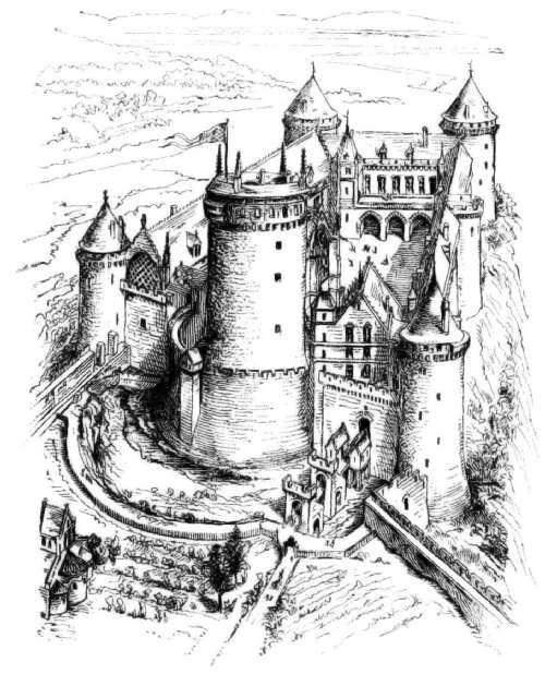 Mediæval Fortress, showing Moat and Drawbridges