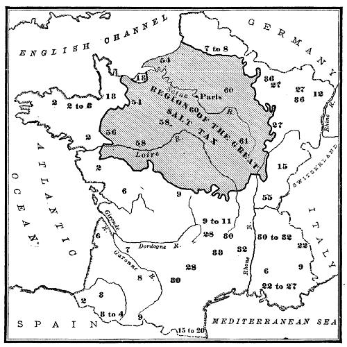 Map showing the Amount paid in the Eighteenth Century for
Salt in Various Parts of France