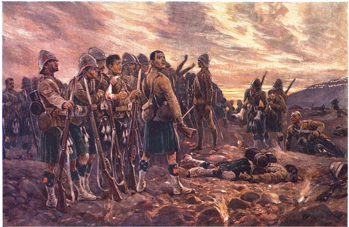 "ALL THAT WAS LEFT OF THEM." THE BLACK WATCH AFTER THE BATTLE OF MAGERSFONTEIN. From the Drawing by R. Caton Woodville.