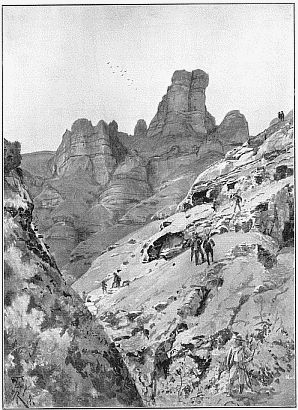 THE OUTBREAK OF WAR—THE DRAKENSBERG MOUNTAINS WHERE
THE BOERS WERE LAAGERED.