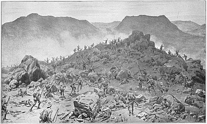 THE BATTLE OF BELMONT, 23rd November 1899—BAYONET ATTACK BY THE SCOTS AND GRENADIER GUARDS. Drawing by Frank Dodd, R.I.