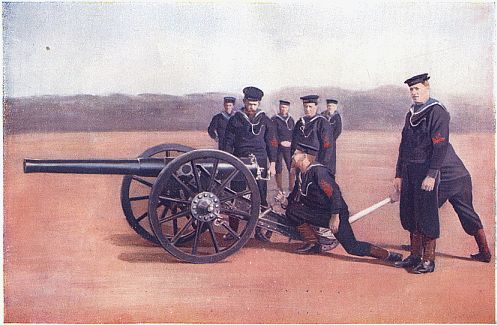SIGHTING A NAVAL FIELD GUN.
Photo by Gregory & Co., London.