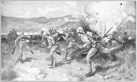 THE BATTLE OF COLENSO—QUEEN'S (ROYAL WEST SURREY)
REGIMENT LEADING THE CENTRAL ATTACK.
Drawing by J. Finnemore, R.I.