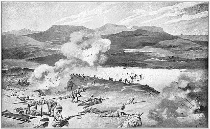 THE BATTLE OF COLENSO—THE DUBLIN FUSILIERS ATTEMPT
TO FORD THE TUGELA.
Drawing by Rene Bull and Enoch Ward, R.B.A.