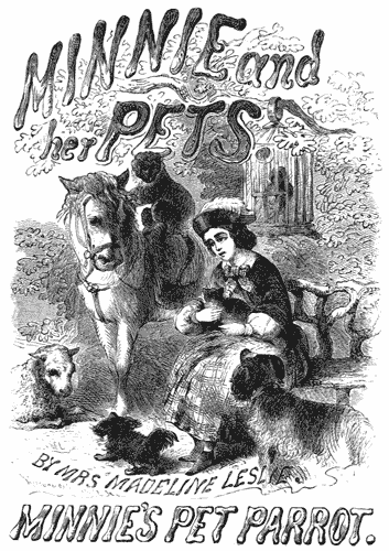A seated girl, holding a cat, surrounded by a pony, monkey, lamb, two dogs, and a parrot