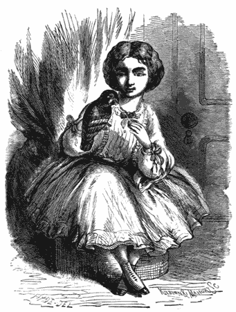 A seated girl with a parrot on her hand