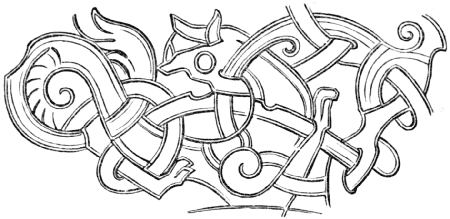 Section of a knotwork pattern showing a zoomorphic figure