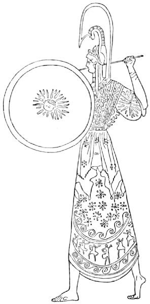 Athene wearing embroidered dress and bearing a shield and short spear or javelin