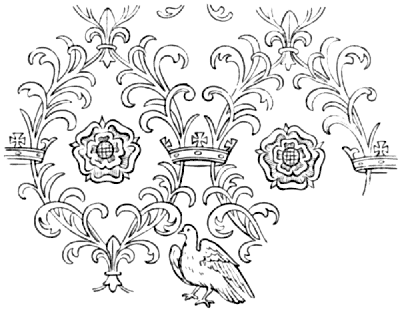 Twisting vines with crowns, roses and a bird