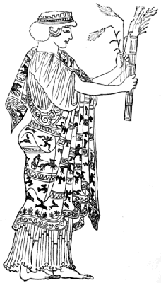 Demeter, wearing decorated robes, holds a bunch of wheat